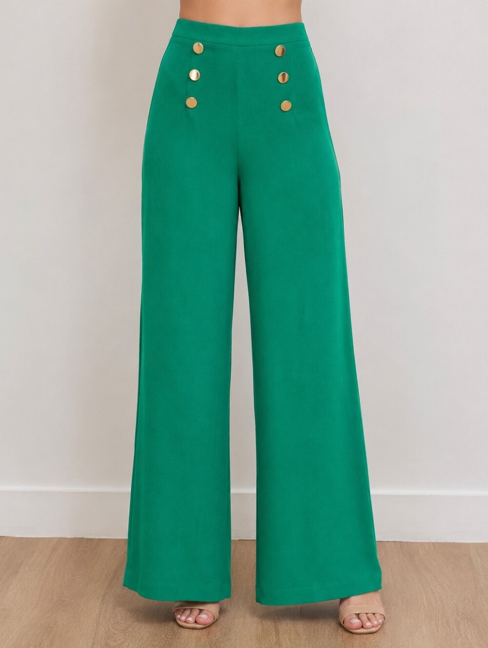 NYCC Green Sailor Wide Leg Pants Gold Buttons Women’s Size S